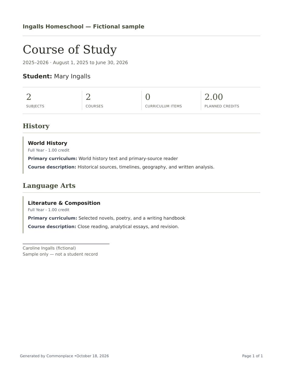 Actual Commonplace course of study PDF, fictional Ingalls family; open the full PDF