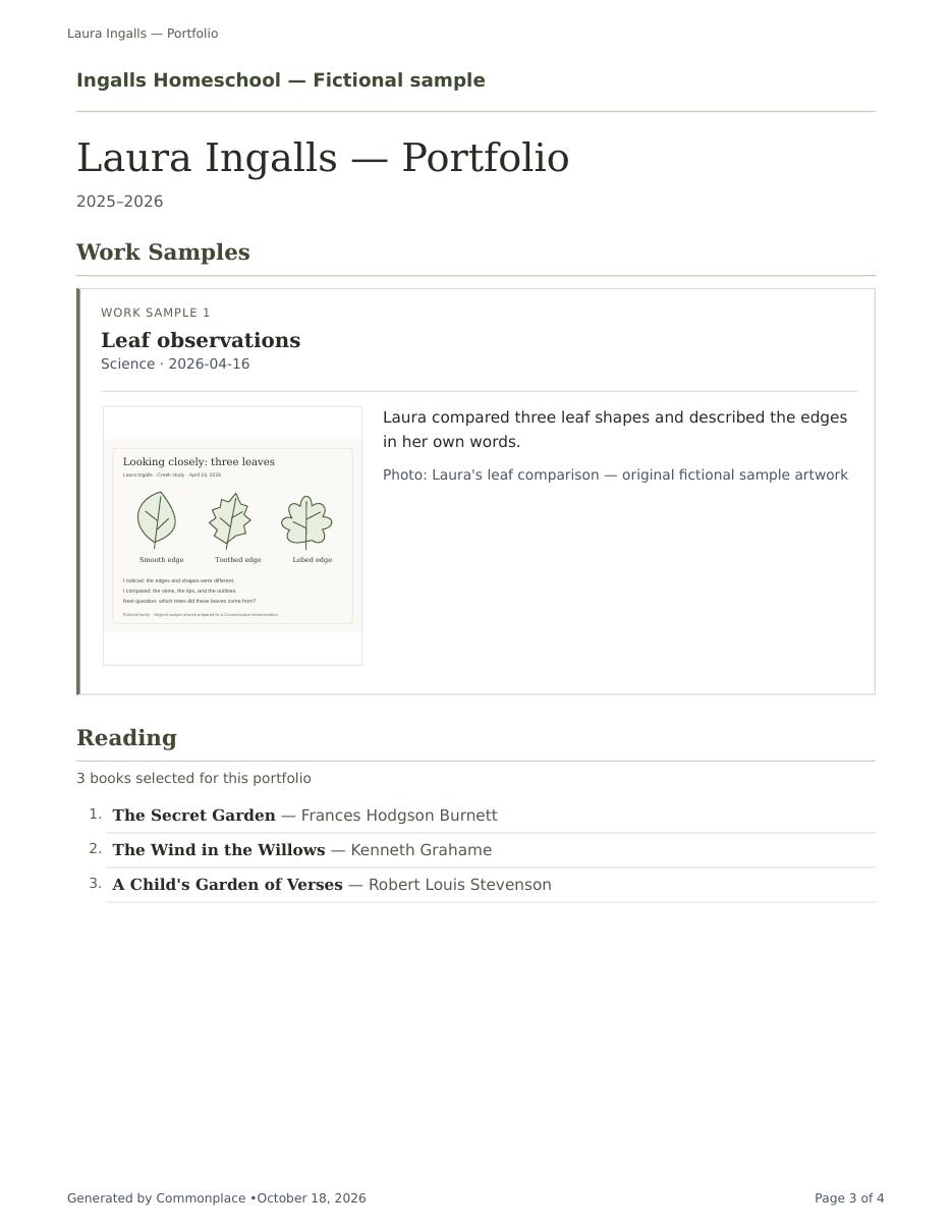 Actual Commonplace portfolio PDF, fictional Ingalls family; open the full PDF