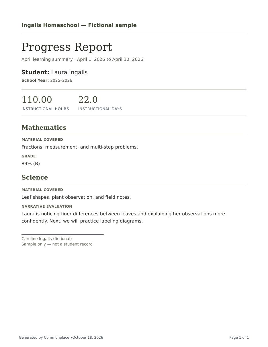 Actual Commonplace progress report PDF, fictional Ingalls family; open the full PDF