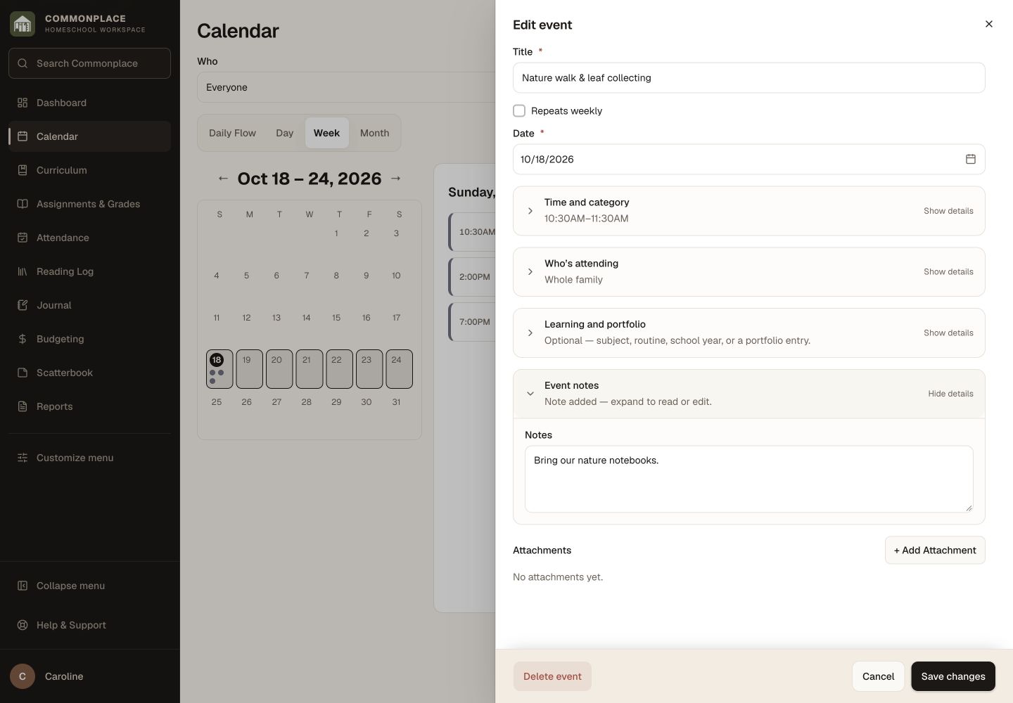 Commonplace Add Event window with an option to attach photos immediately