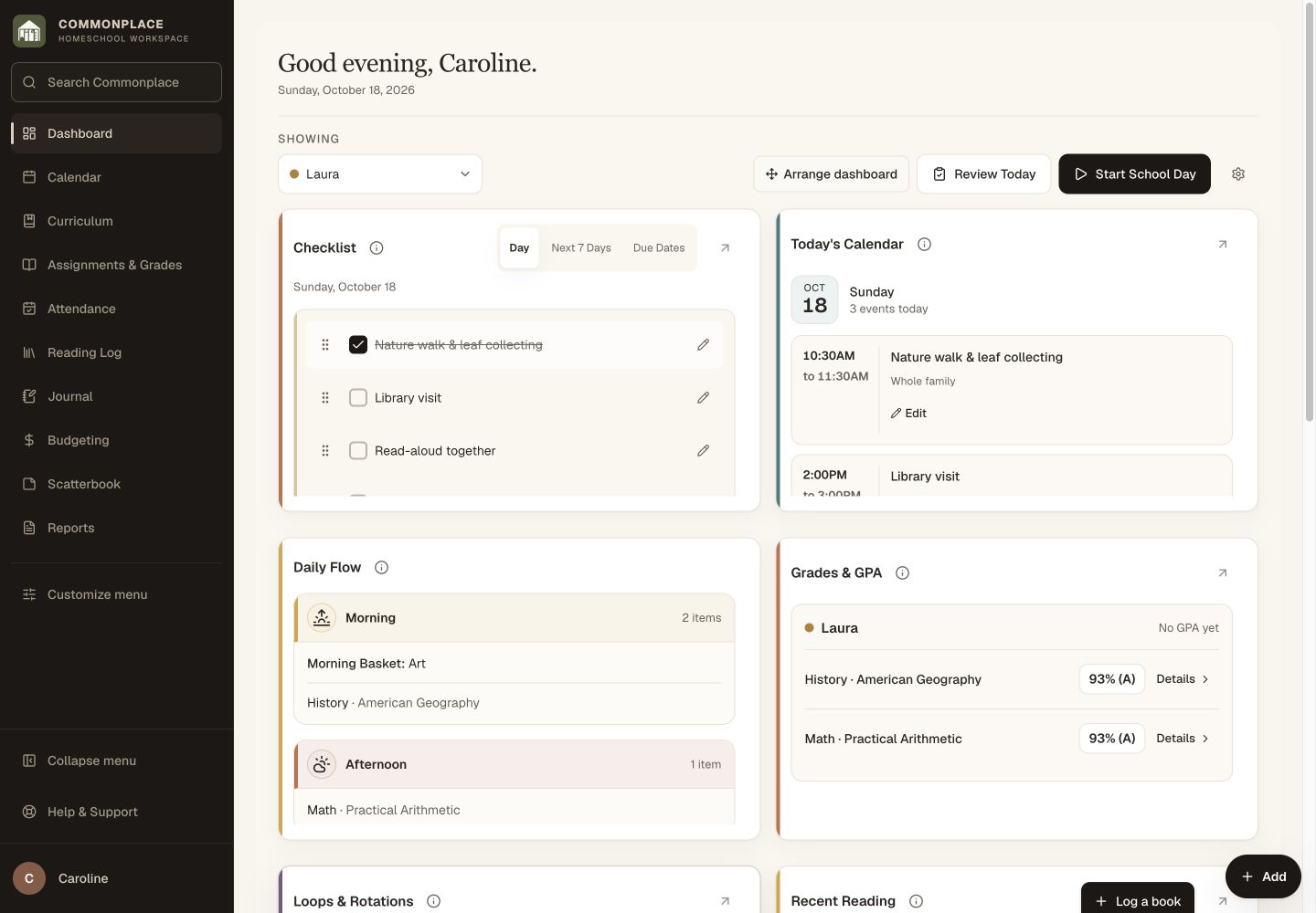 Laura’s dashboard with checklist, today’s calendar, Daily Flow, and course grades