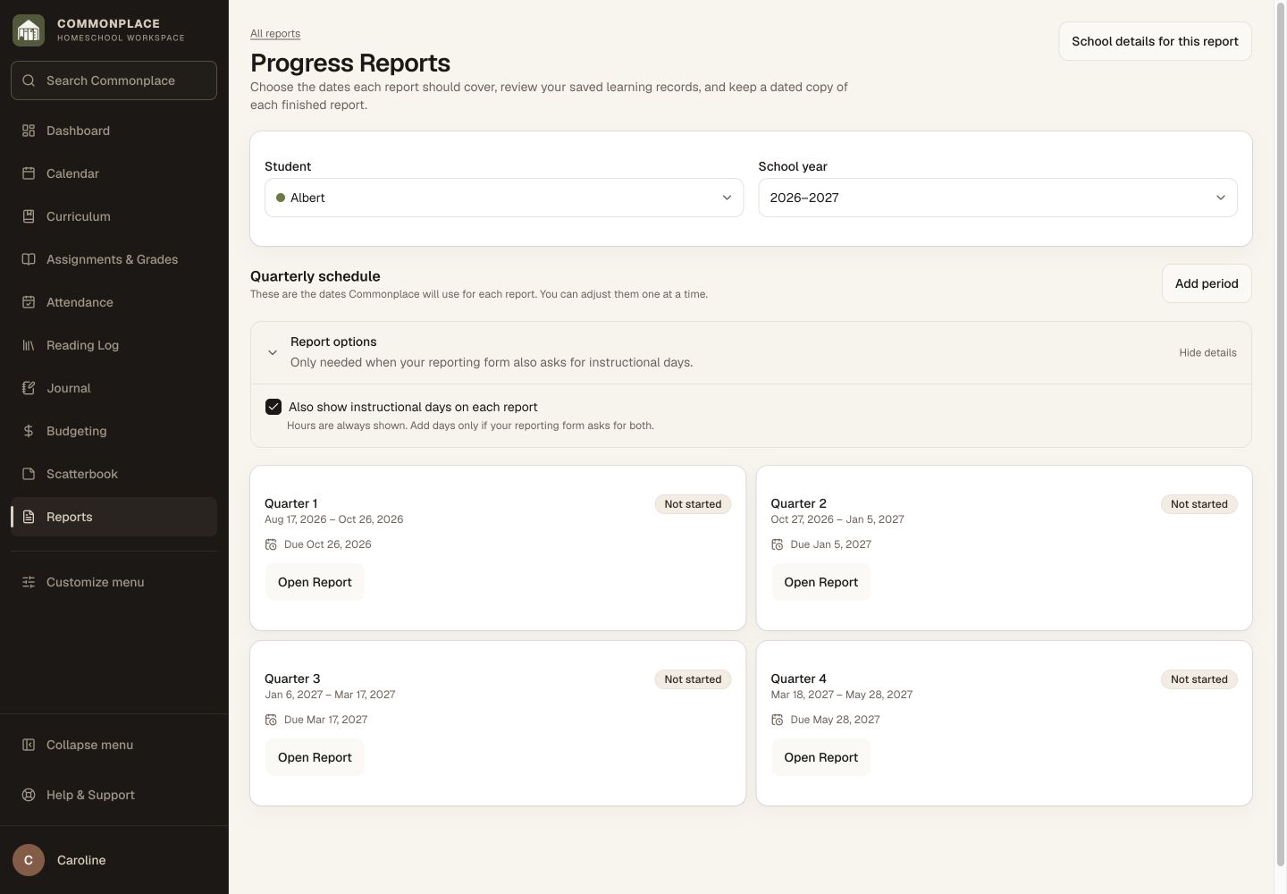 Commonplace progress reports page with student reporting schedules and periods