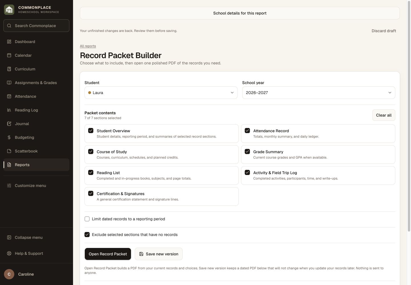 Commonplace record packet builder with student, school year, and section choices