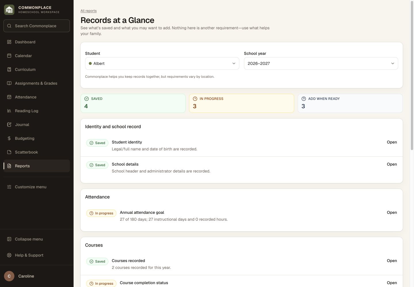 Commonplace Records at a Glance check-in for a fictional homeschool family