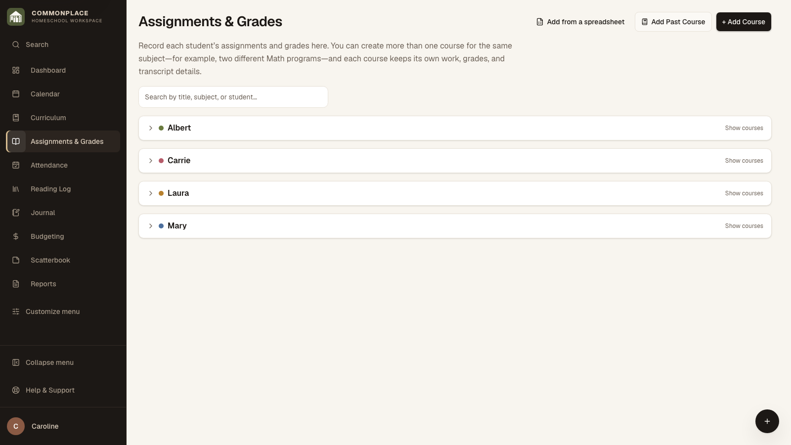 Commonplace Assignments and Grades page for the fictional Ingalls family