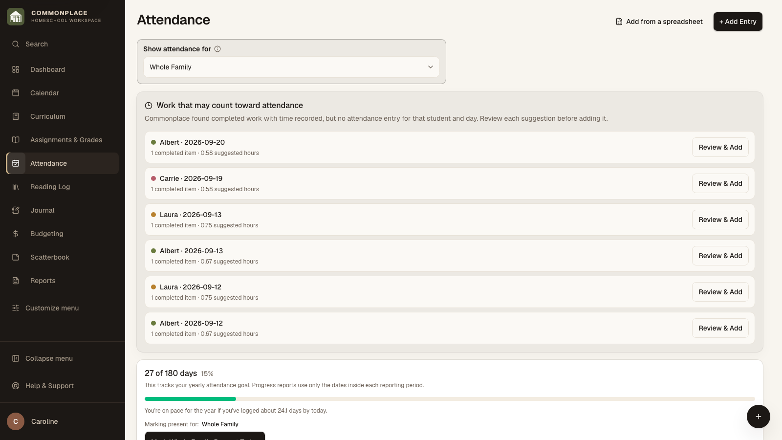 Commonplace attendance calendar for the fictional Ingalls family