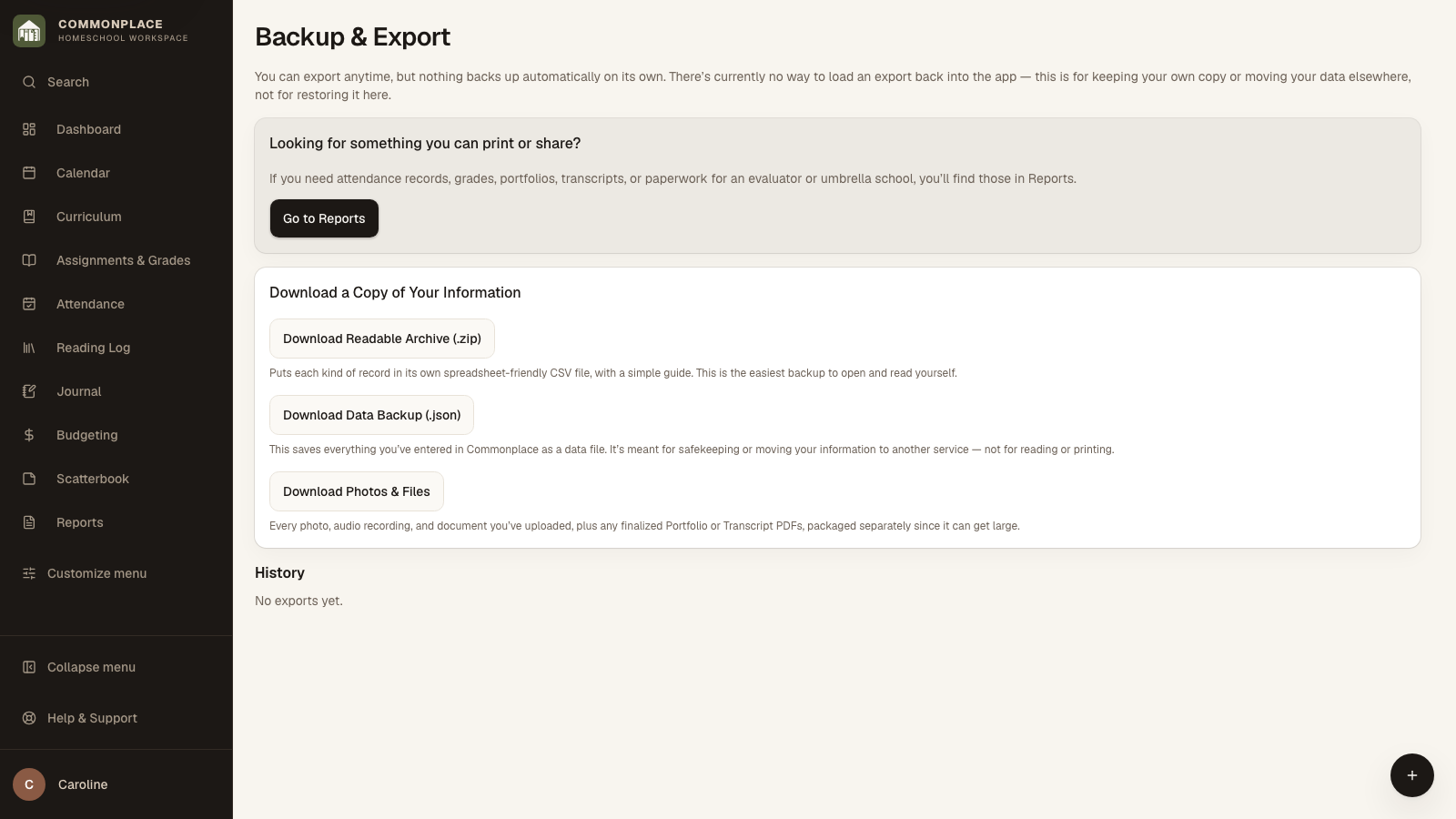 Commonplace Backup and Export page for the fictional Ingalls family