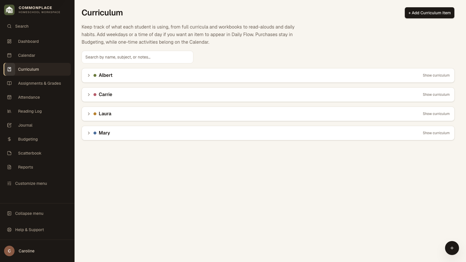 Commonplace curriculum page for the fictional Ingalls family