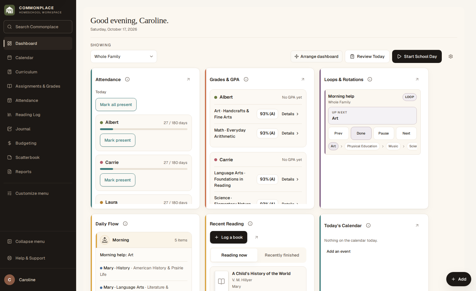 Commonplace dashboard with attendance, grades, routines, and Daily Flow for the fictional Ingalls family
