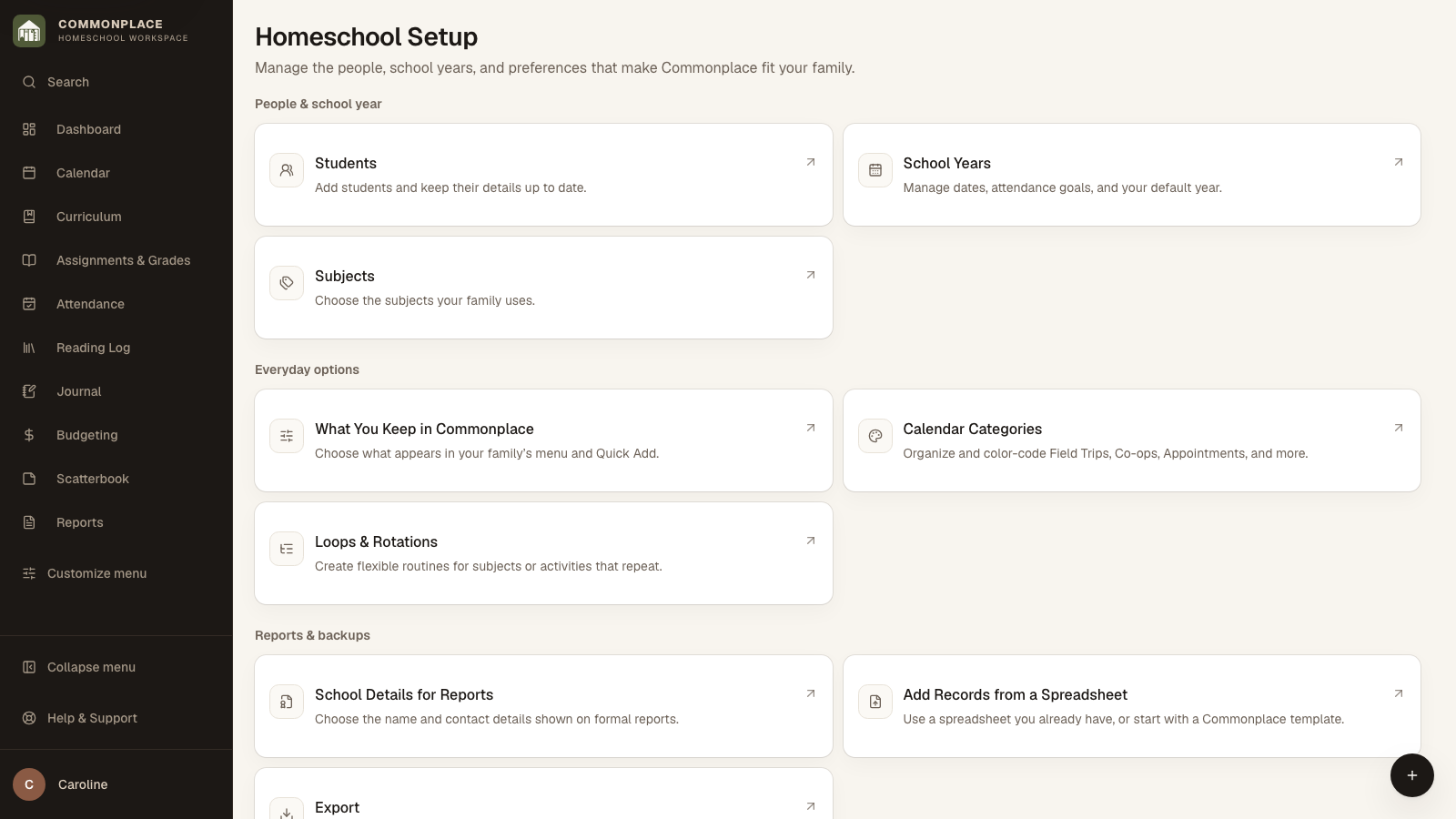 Commonplace Homeschool Setup with the current school year and setup areas