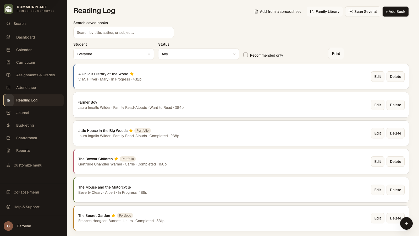 Commonplace reading log for the fictional Ingalls family