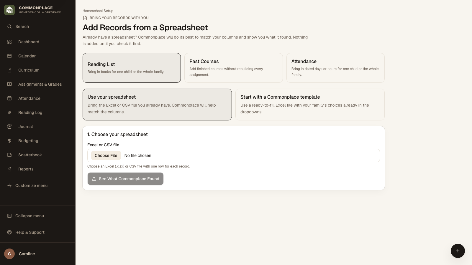 Commonplace page for adding records from an existing spreadsheet or a personalized Excel template