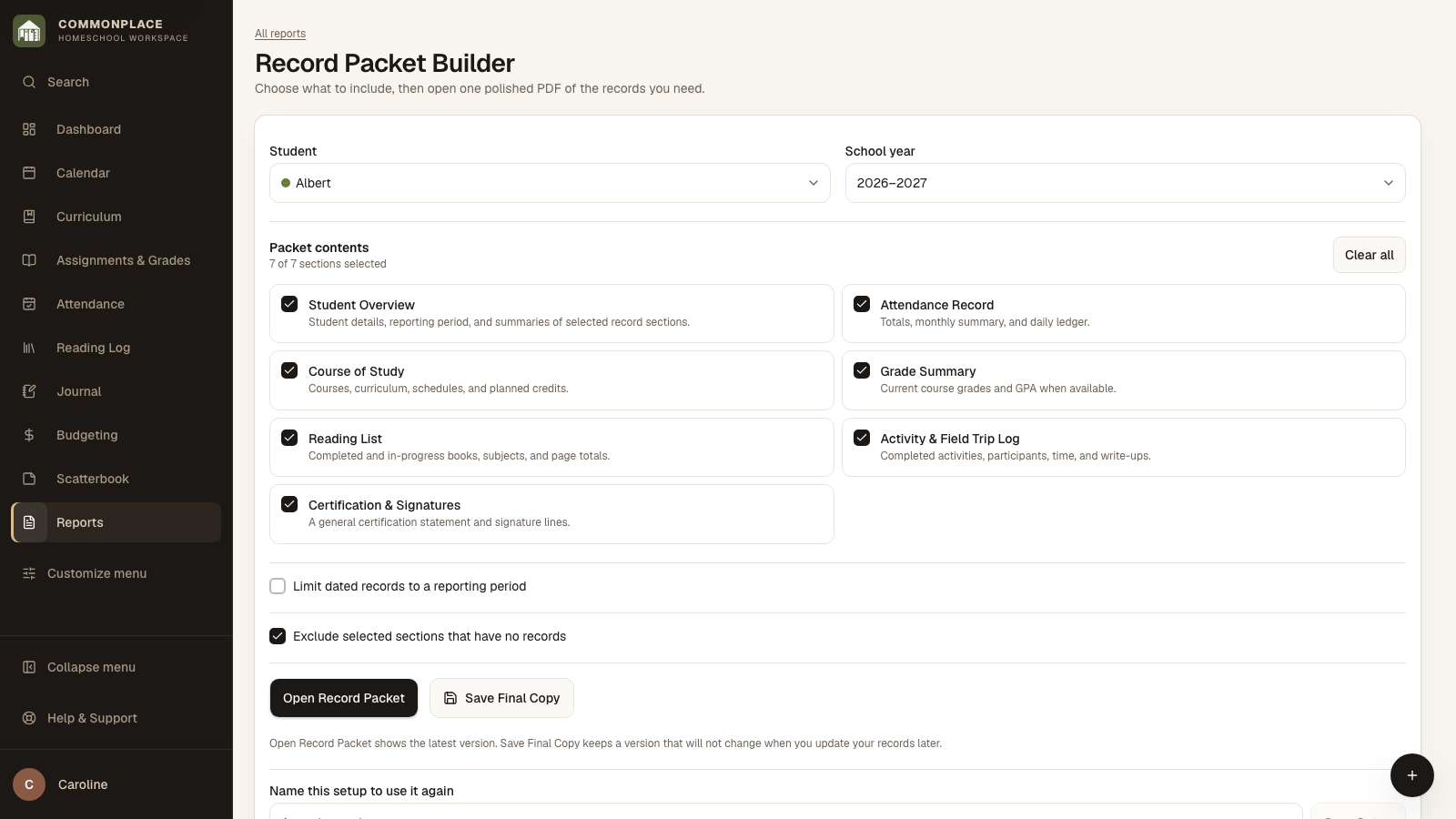 Commonplace Record Packet Builder for the fictional Ingalls family