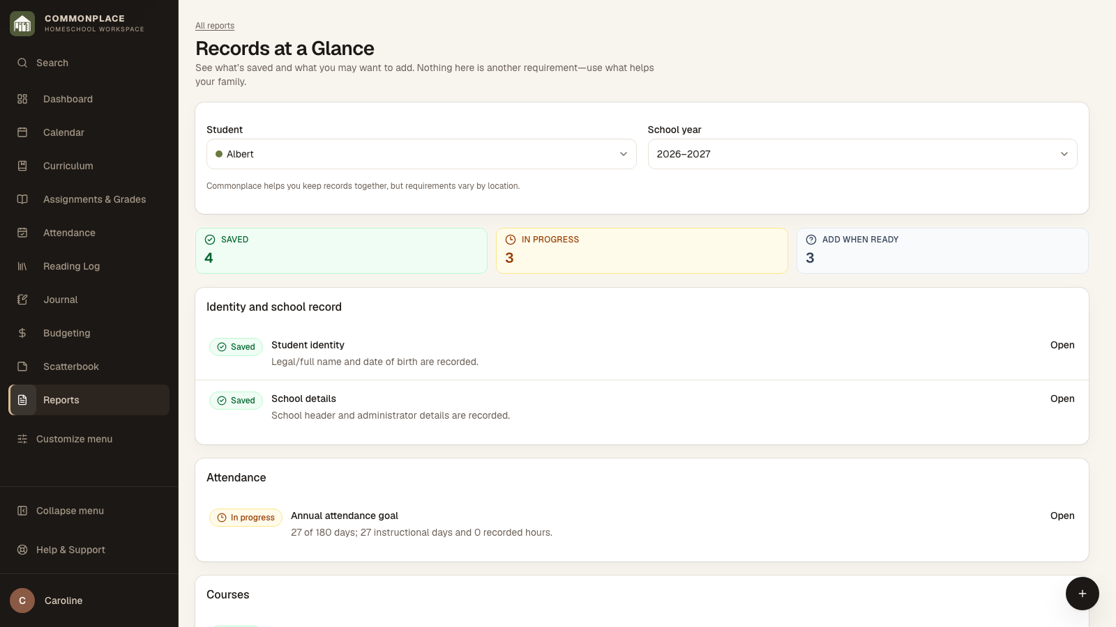 Commonplace Records at a Glance check-in for the fictional Ingalls family